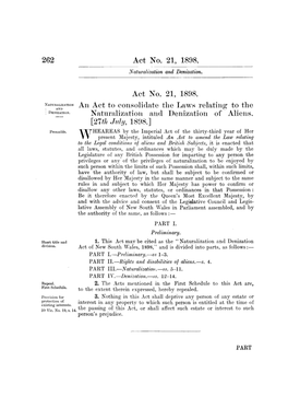 Act No. 21, 1898. an Act to Consolidate the Laws Relating to the Naturalization and Denization of Aliens. [27Th July, 1898.]