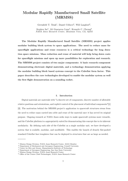 Modular Rapidly Manufactured Small Satellite (MRMSS)