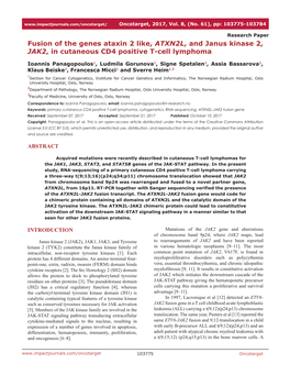 Fusion of the Genes Ataxin 2 Like, ATXN2L, and Janus Kinase 2, JAK2, in Cutaneous CD4 Positive T-Cell Lymphoma