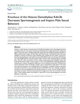 Knockout of the Histone Demethylase Kdm3b Decreases Spermatogenesis and Impairs Male Sexual Behaviors Zhaoliang Liu1, 2, Mario G