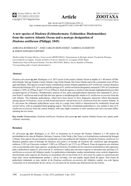 Echinodermata: Echinoidea: Diadematidae) from the Eastern Atlantic Ocean and a Neotype Designation of Diadema Antillarum (Philippi, 1845