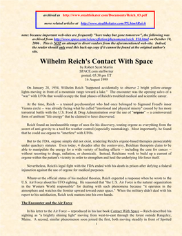 Wilhelm Reich's Contact with Space by Robert Scott Martin SPACE.Com Staffwriter Posted: 05:38 Pm ET 16 August 1999