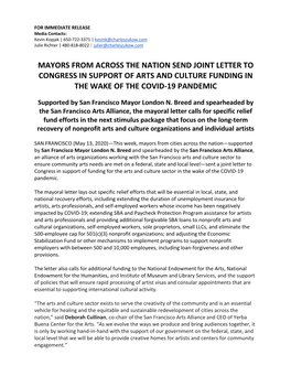 Mayors from Across the Nation Send Joint Letter to Congress in Support of Arts and Culture Funding in the Wake of the Covid-19 Pandemic