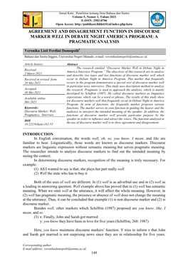 Agreement and Disagrement Function in Discourse Marker Well in Debate Night America Program: a Pragmaticanalysis