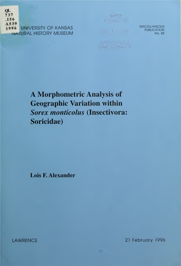 A Morphometric Analysis of Geographic Variation Within Sorex Monticolus (Insectivora: Soricidae)