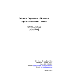 Colorado Department of Revenue Liquor Enforcement Division Retail Licensee Handbook