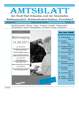 AMTSBLATT Der Stadt Bad Schandau Und Der Gemeinden Rathmannsdorf, Reinhardtsdorf-Schöna, Porschdorf Jahrgang 2011 Freitag, Den 29