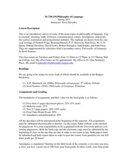 01:730:210 Philosophy of Language Spring 2011 Instructor: Pavel Davydov