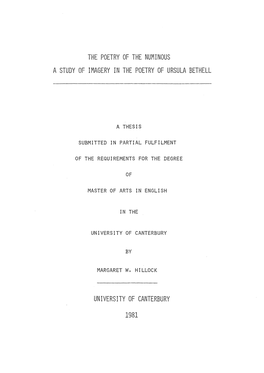 The Poetry of the Numinous a Study of Imagery in the Poetry of Ursula Bethell