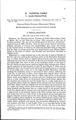 II. NATIONAL PARKS 1. Acadia National Park Page Sieur De Monts National Monument Established: Proclamation (No