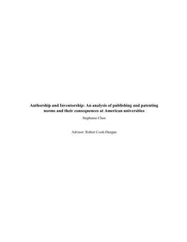 Authorship and Inventorship: an Analysis of Publishing and Patenting Norms and Their Consequences at American Universities Stephanie Chen