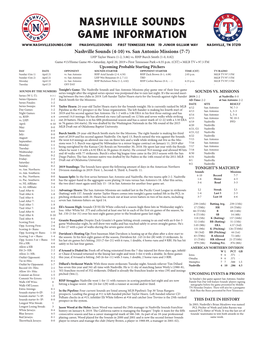 Nashville Sounds Game Information @Nashvillesounds First Tennessee Park 19 Junior Gilliam Way Nashville, TN 37219 Nashville Sounds (4-10) Vs