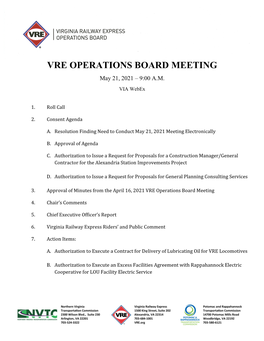 VRE OPERATIONS BOARD MEETING May 21, 2021 – 9:00 A.M