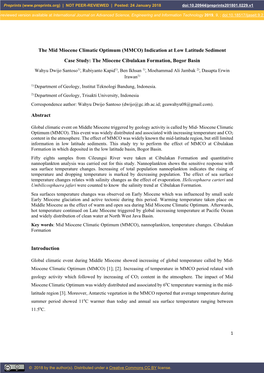 The Mid Miocene Climatic Optimum (MMCO) Indication at Low Latitude Sediment Case Study: the Miocene Cibulakan Formation, Bogor Basin