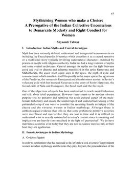 Mythicising Women Who Make a Choice: a Prerogative of the Indian Collective Unconscious to Demarcate Modesty and Right Conduct for Women