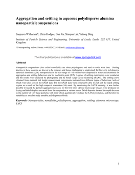 Aggregation and Settling in Aqueous Polydisperse Alumina Nanoparticle Suspensions