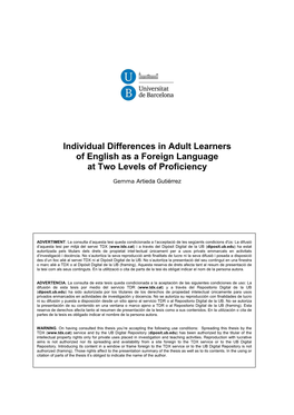 Individual Differences in Adult Learners of English As a Foreign Language at Two Levels of Proficiency