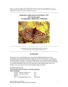 Profile for the Bay Checkerspot, Euphydryas Editha Bayensis