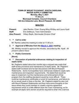 TOWN of MOUNT PLEASANT, SOUTH CAROLINA WATER SUPPLY COMMITTEE Monday, May 3, 2021 11:30 A.M