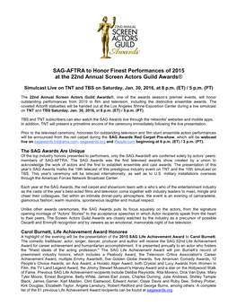 SAG-AFTRA to Honor Finest Performances of 2015 at the 22Nd Annual Screen Actors Guild Awards®