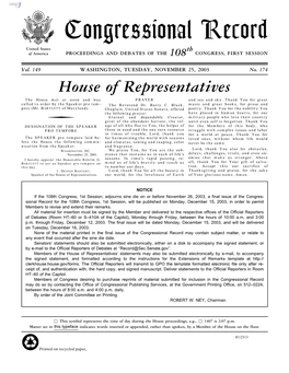 Congressional Record United States Th of America PROCEEDINGS and DEBATES of the 108 CONGRESS, FIRST SESSION