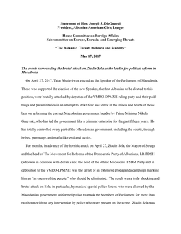 Statement of Hon. Joseph J. Dioguardi President, Albanian American Civic League