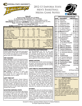 2012-13 Emporia State Men's Basketball Media Game Notes