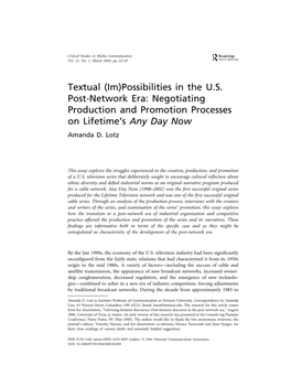 Textual (Im)Possibilities in the U.S. Post-Network Era: Negotiating Production and Promotion Processes on Lifetime’S Any Day Now