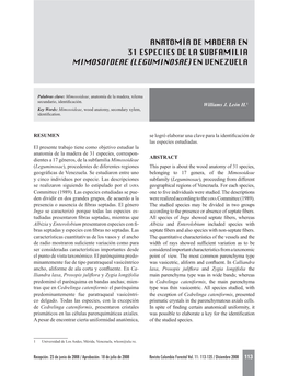Anatomía De Madera En 31 Especies De La Subfamilia Mimosoideae (Leguminosae) En Venezuela