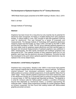 The Development of Epitaxial Graphene for 21St Century Electronics