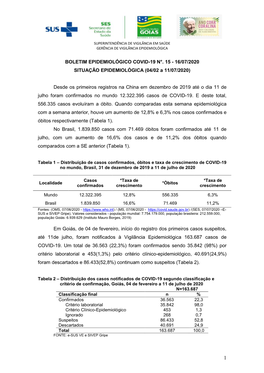 BOLETIM EPIDEMIOLÓGICO COVID-19 N°. 15 - 16/07/2020 SITUAÇÃO EPIDEMIOLÓGICA (04/02 a 11/07/2020)