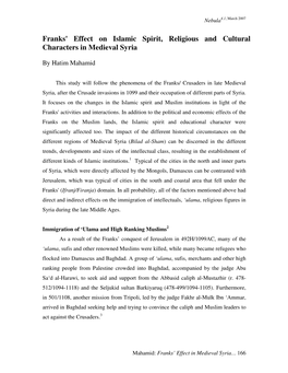 Franks' Effect on Islamic Spirit, Religious and Cultural Characters in Medieval Syria