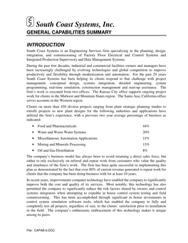 South Coast Systems, Inc. GENERAL CAPABILITIES SUMMARY