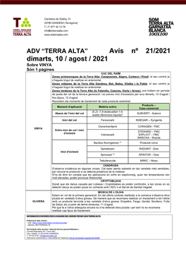 Avís Nº 21/2021 Dimarts, 10 / Agost / 2021