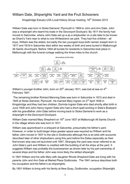 William Date, Shipwrights Yard and the Fruit Schooners Kingsbridge Estuary U3A Local History Group Meeting, 16Th October 2013