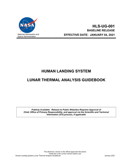 Hls-Ug-001 Human Landing System Lunar Thermal Analysis Guidebook