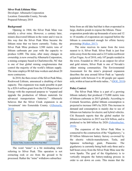 Silver Peak Lithium Mine Developer: Albemarle Corporation Location: Esmeralda County, Nevada Prepared February 2018