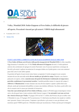 Volley, Mondiali 2018: Italia-Giappone Al Foro Italico, Le Difficoltà Di Giocare