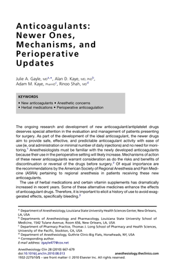 Anticoagulants: Newer Ones, Mechanisms, and Perioperative Updates