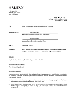 Item No. 9.1.1 Heritage Advisory Committee November 27, 2019