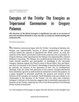 Energies of the Trinity: the Energies As Tripersonal Communion in Gregory Palamas