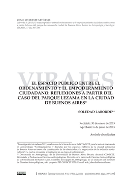 El Espacio Público Entre El Ordenamiento Y El Empoderamiento Ciudadano: Reflexiones a Partir Del Caso Del Parque Lezama En La Ciudad De Buenos Aires