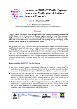 Summary of 2003 NW Pacific Typhoon Season and Verification of Authors’ Seasonal Forecasts