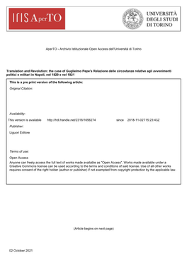 Translation and Revolution: the Case of Guglielmo Pepe's Relazione Delle Circostanze Relative Agli Avvenimenti Politici E Militari in Napoli, Nel 1820 E Nel 1821