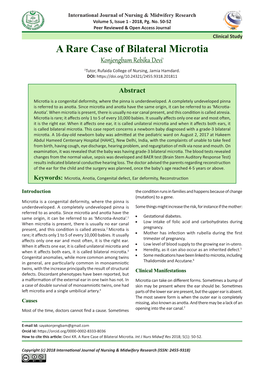 A Rare Case of Bilateral Microtia Konjengbam Rebika Devi1 1Tutor, Rufaida College of Nursing, Jamia Hamdard