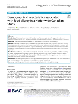 Demographic Characteristics Associated with Food Allergy in a Nationwide Canadian Study Ann E