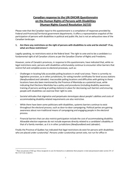 Canadian Response to the UN OHCHR Questionnaire on the Human Rights of Persons with Disabilities (Human Rights Council Resolution 16/15)