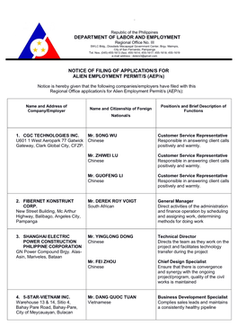 Department of Labor and Employment Notice of Filing