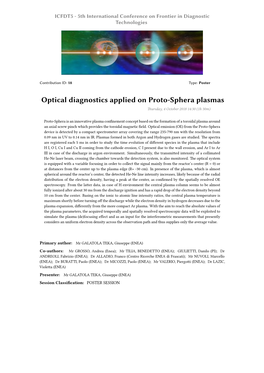 Optical Diagnostics Applied on Proto-Sphera Plasmas Thursday, 4 October 2018 14:30 (1H 30M)