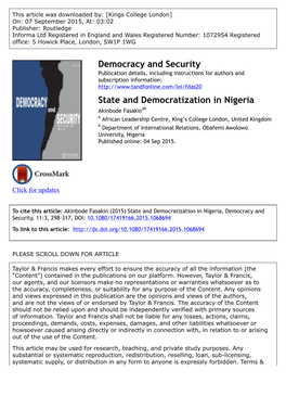 Democracy and Security State and Democratization in Nigeria